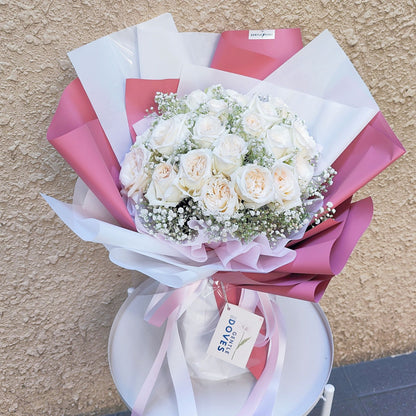 Twenty Four White English Rose with Gypsophila Bouquet