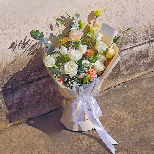 Assorted White Roses with Soft Yellow and Orange Flowers Large Bouquet