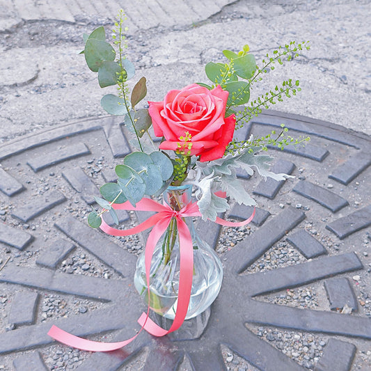 Single Rose with Green Foliage in Small Minimal Vase Arrangement.