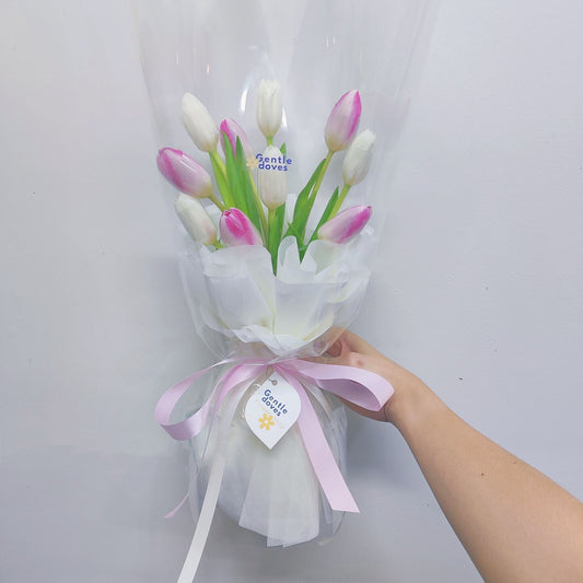 Ten White and Soft Pink Tulips Minimal Bouquet