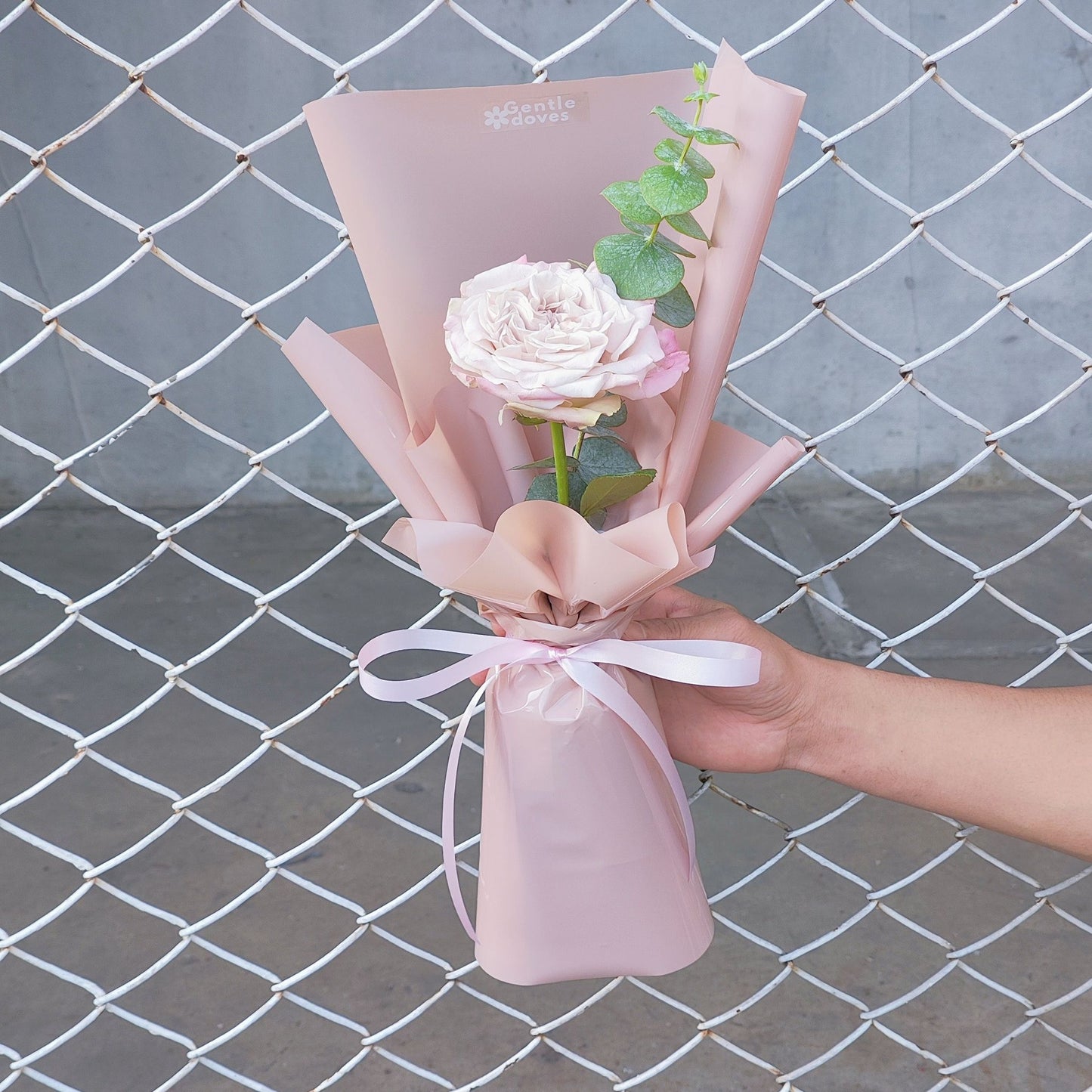 Single Soft Gray-Pink English Rose with Eucalyptus Bouquet