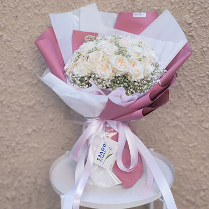 Twenty Four White English Rose with Gypsophila Bouquet