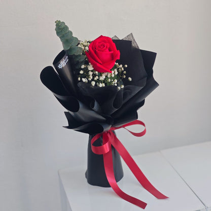 Single Red Rose with Gypsophila and Eucalyptus in Black Paper Bouquet