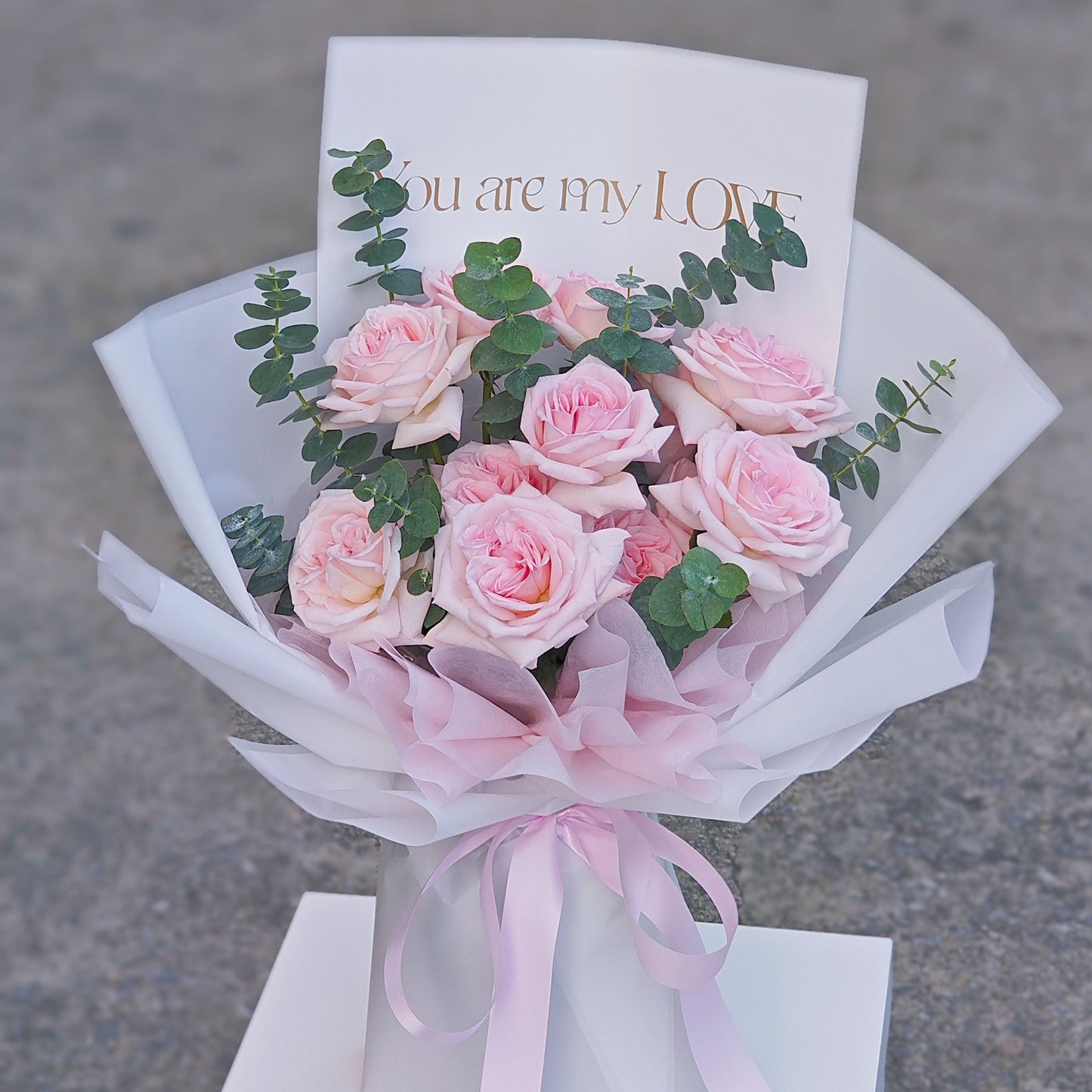 Twelve Sof Pink English Roses with Eucalpytus "You are my Love" Bouquet