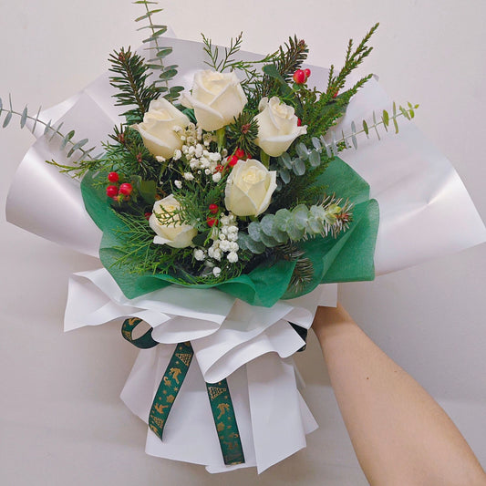 Five White Roses Christmas Theme Bouquet