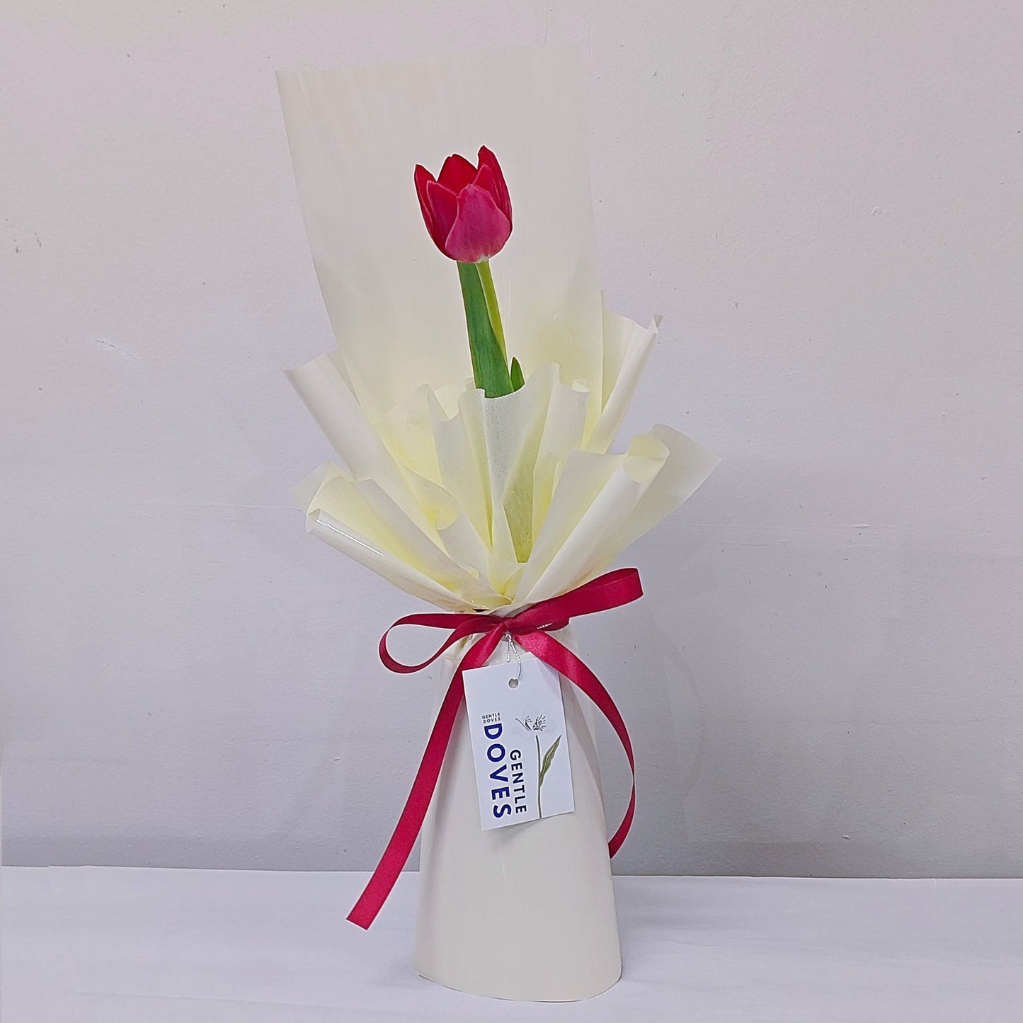 Single Red Tulip in Soft Cream Yellow Paper Bouquet