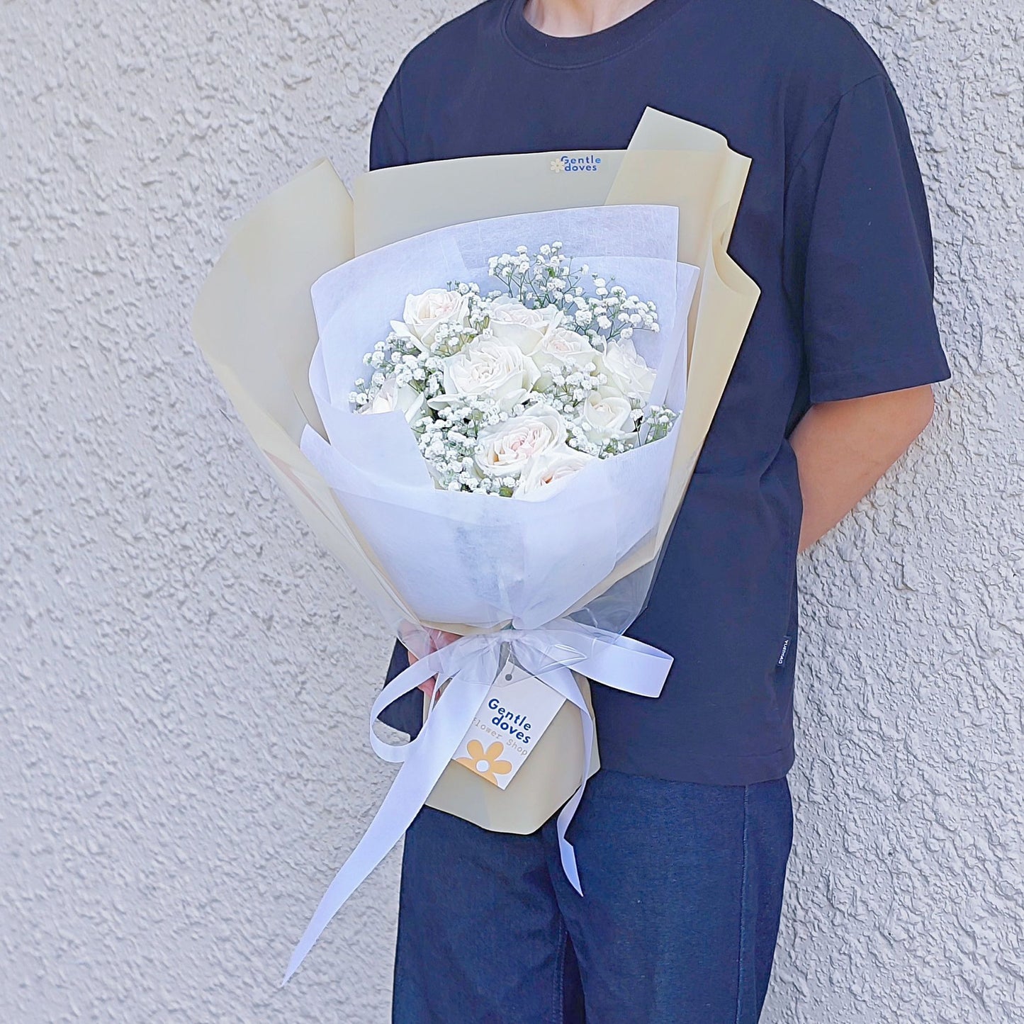 Ten White English Roses with Gypsophila Bouquet