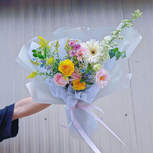 Assorted Soft Flowers in Gray Transparent Paper Korean Style Bouquet