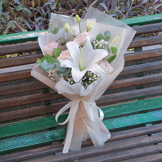 Single Stem Lily and Soft Gray Roses Bouquet