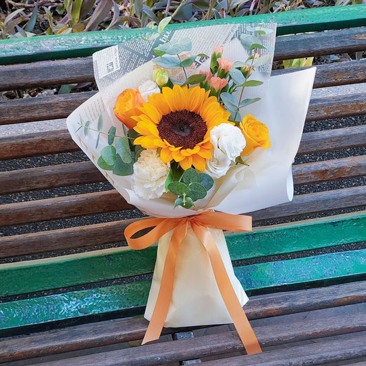 Sunflower with White and Warm Color Flowers Small Bouquet