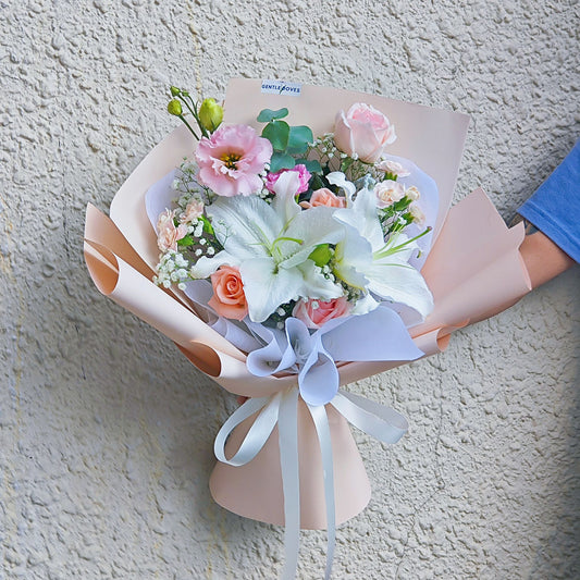 Two White Lilies with Soft Peach and Pink Flowers Bouquet