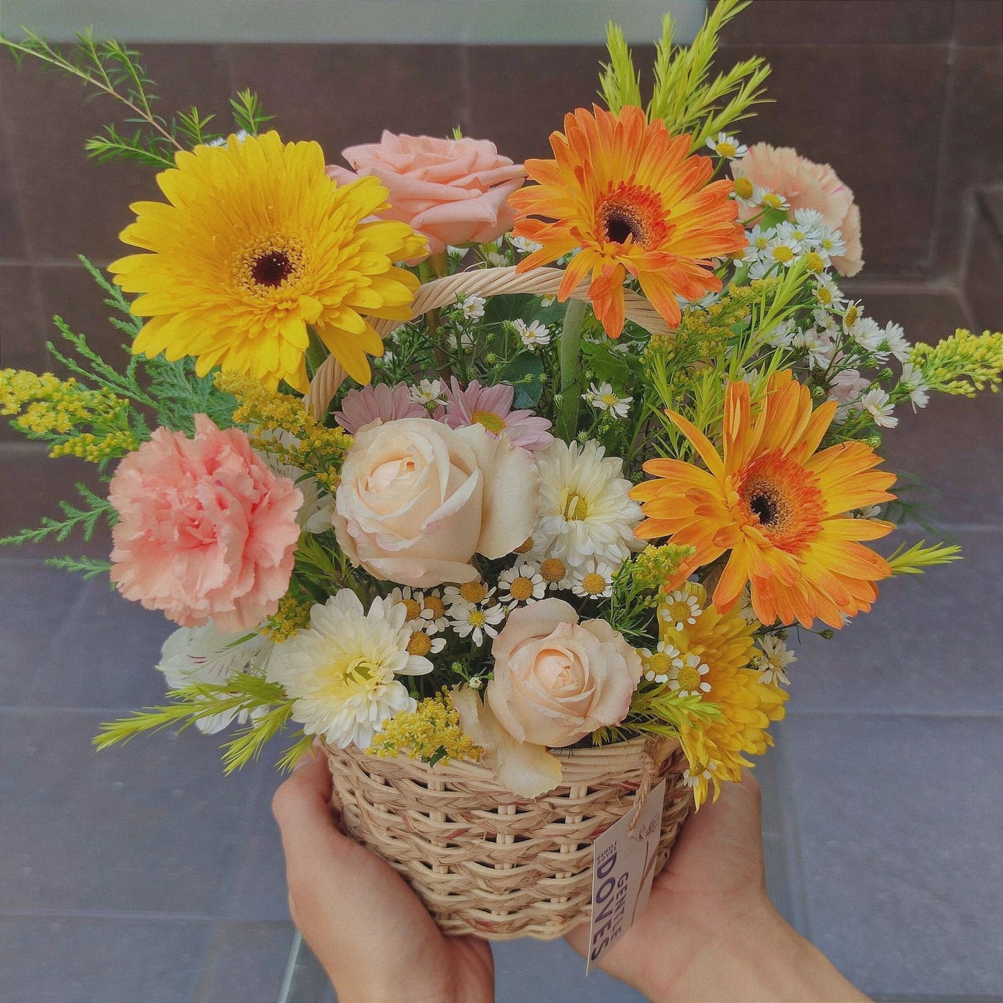 Assorted Yellow and Orange Flowers Small Basket