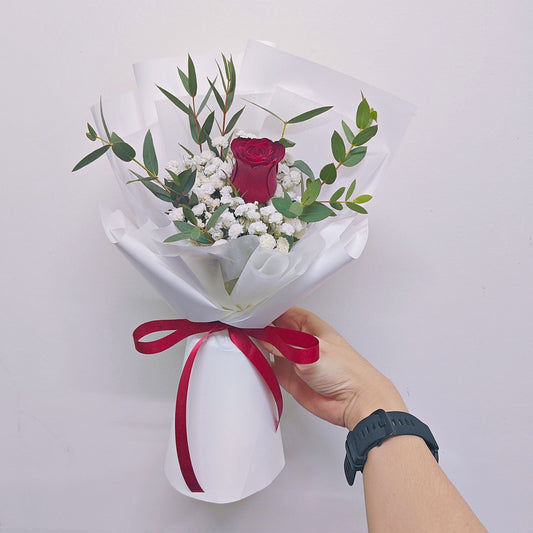 Single Red Rose with Gypsophila and Eucalyptus Small Bouquet