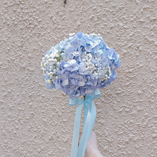 Single Blue Hydrangea with Gypsophila Hand-Tied Bouquet