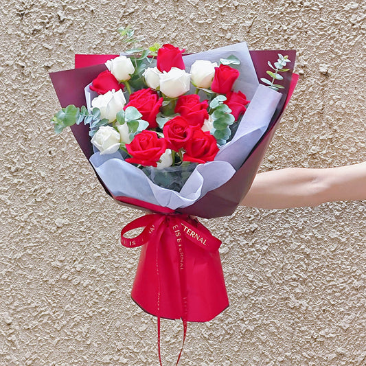 Twenty Red and White Roses with Eucalyptus Large Bouquet