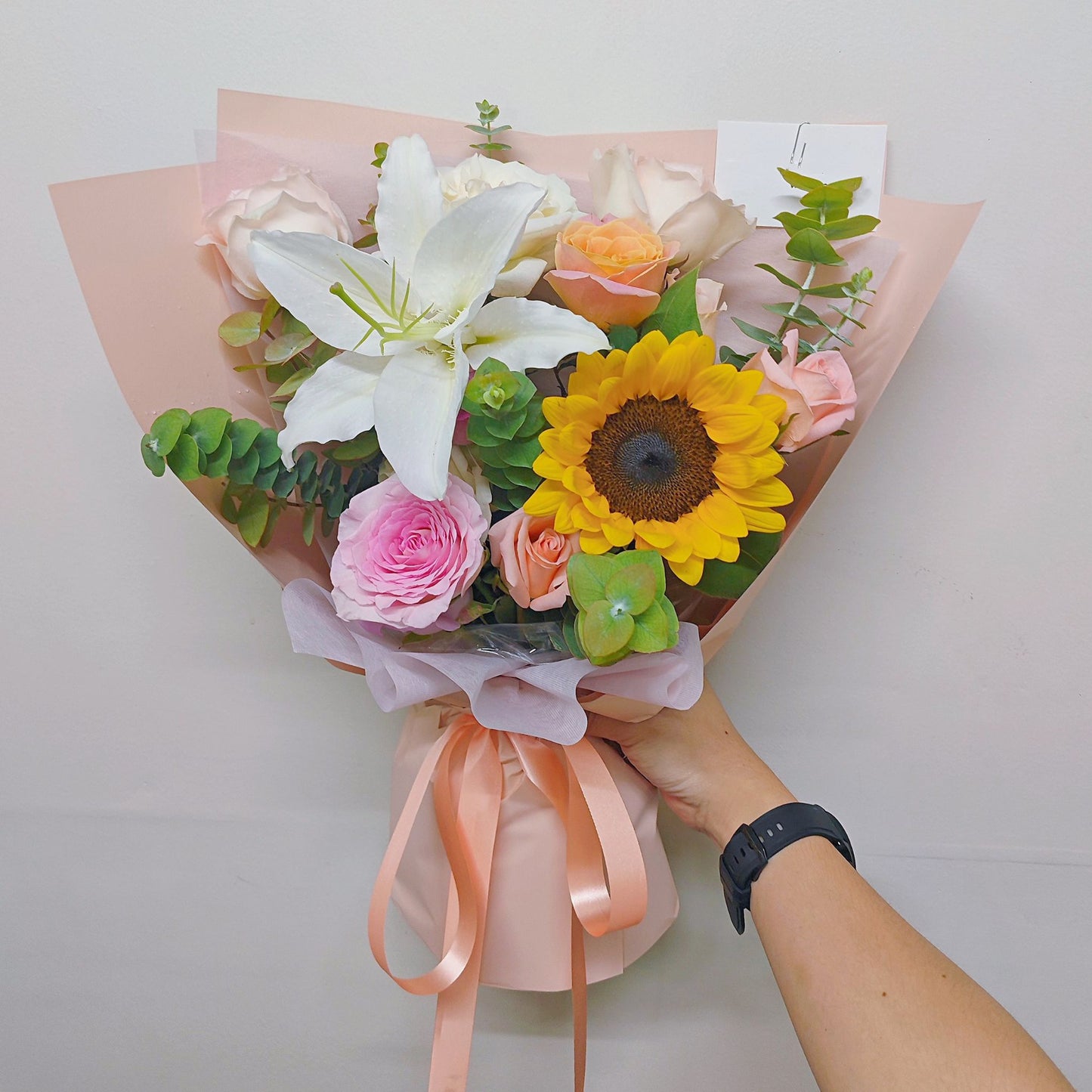 Assorted Soft Color Roses with Lily and Sunflower Minimal Style Bouquet