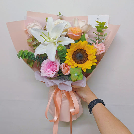 Assorted Soft Color Roses with Lily and Sunflower Minimal Style Bouquet