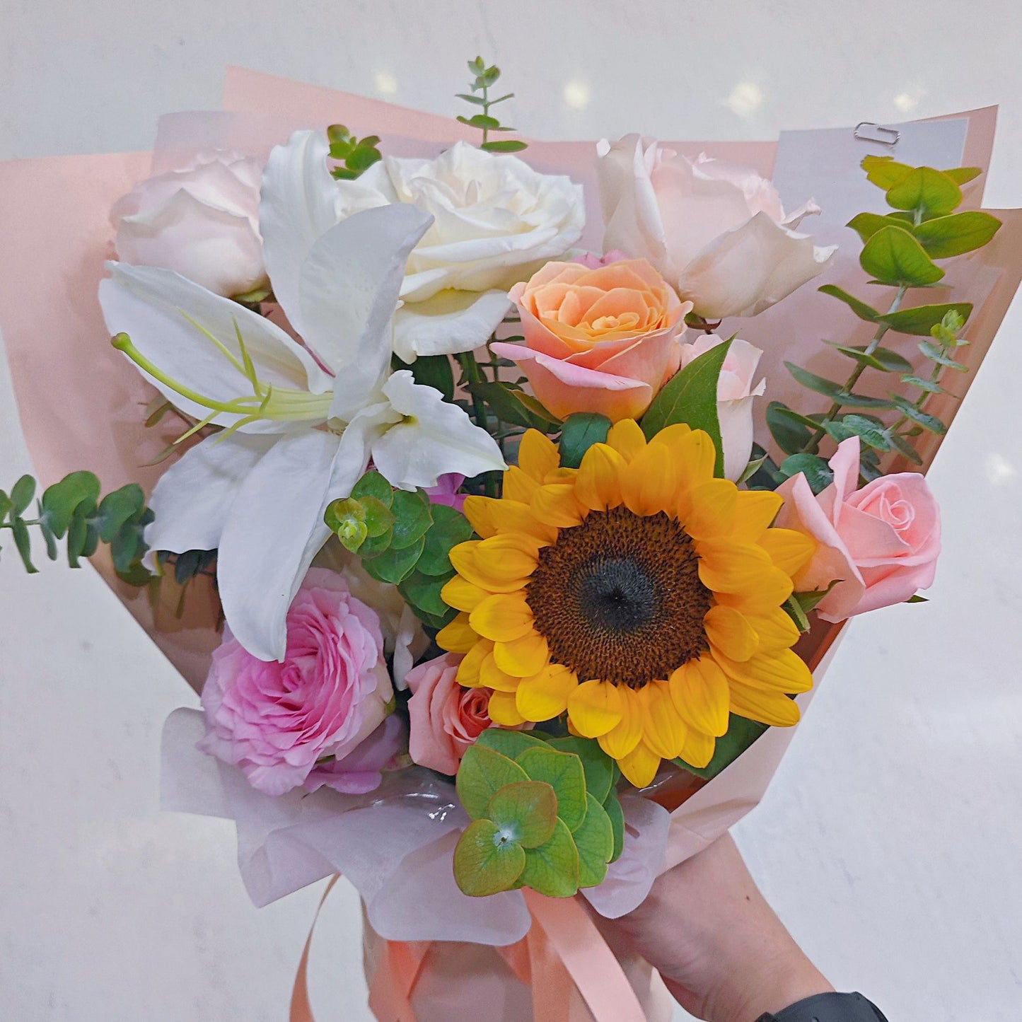 Assorted Soft Color Roses with Lily and Sunflower Minimal Style Bouquet