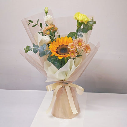 Single Sunflower with Warm Flowers Small Bouquet