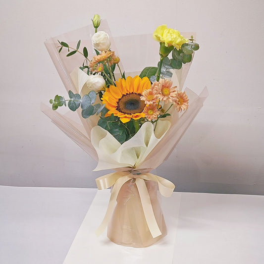 Single Sunflower with Warm Flowers Small Bouquet