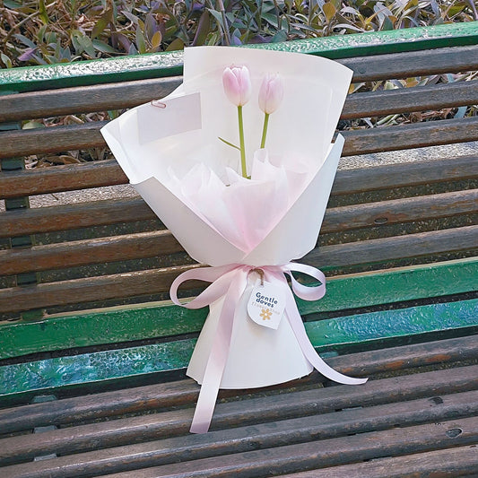 Two Soft Pink Tulips in White Minimal Paper Bouquet