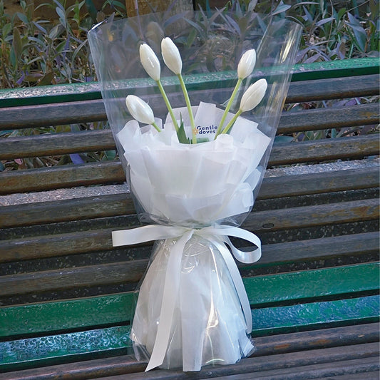 Five White Tuips in White and Transparent Paper Minimal Bouquet