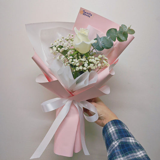 Single White Rose with Gypsophila and Eucalyptus in White and Pink Paper Bouquet