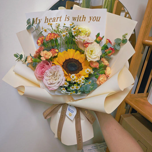 Single Sunflower with Warm Flowers 'My heart is with You' Large Bouquet