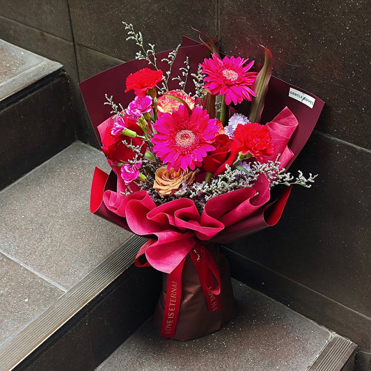 Assorted Vivd Purple and Red Color Flowers Bouquet