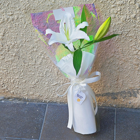 Single White Lily in Hologram Paper Minimal Bouquet