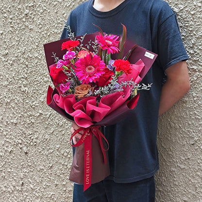 Assorted Vivd Purple and Red Color Flowers Bouquet