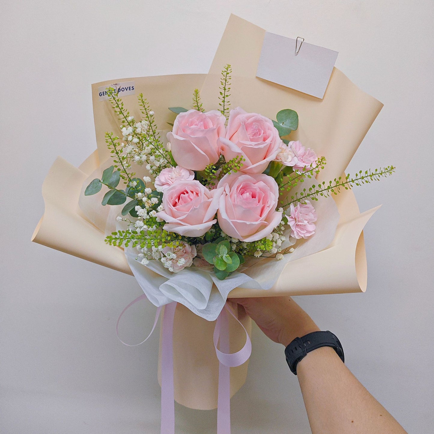 Four Soft Pink Rose with Green Foliage and Filler Flowers Small Bouquet