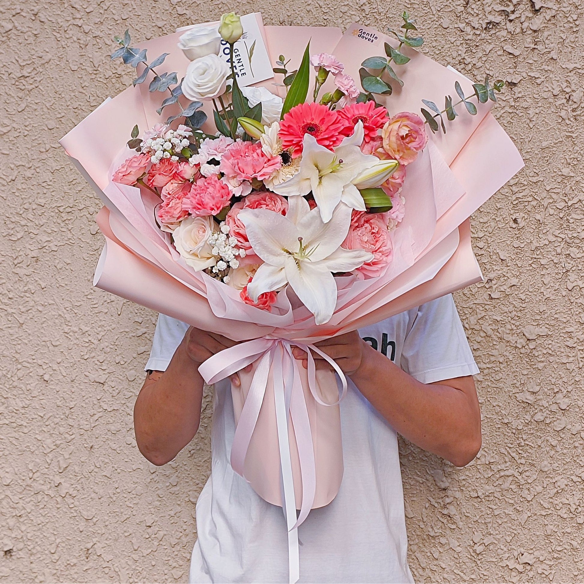 lilies white and pink White Lilies with Assorted Vivid Pink Flowers Extra Large Bouquet – Gentle Doves Flower Shop