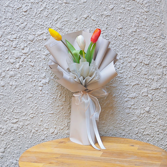 Three Assorted Vivid Color Tulips Korean Style Bouquet