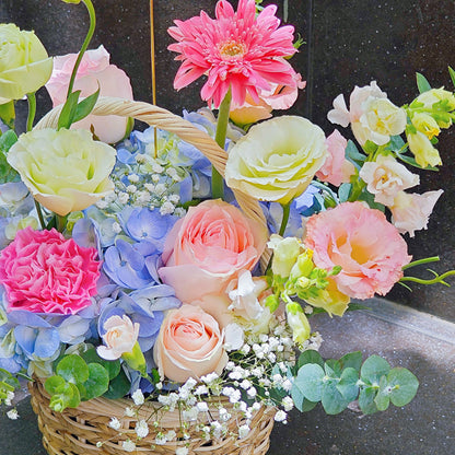 Assorted Pink Flowers with Blue Hydrangea in Small Basket