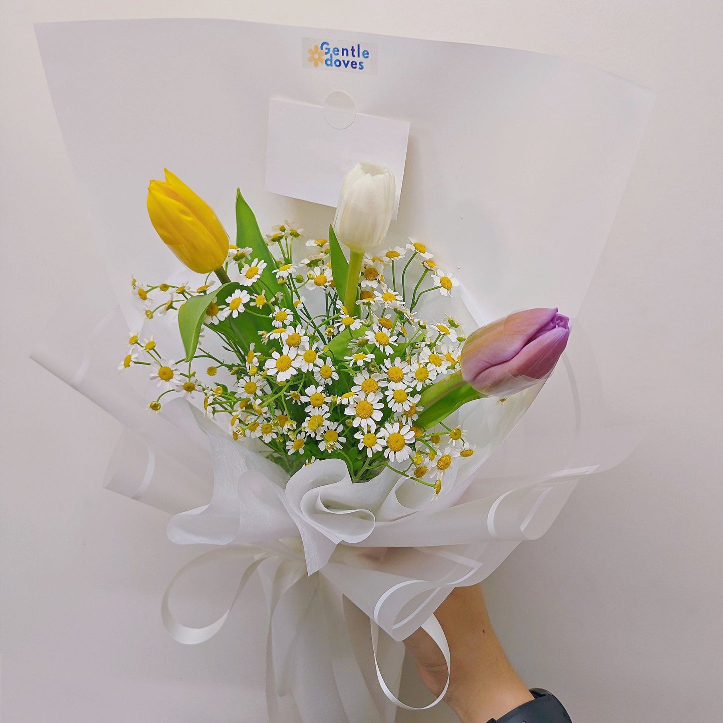 Three Assorted Color Tulips with Daisies in White Paper Bouquet