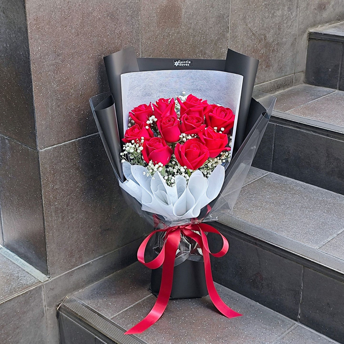 Ten Red Roses with Gypsophila Bouquet