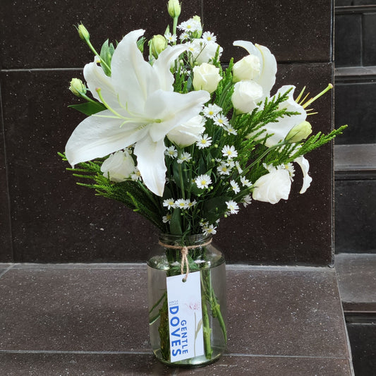 White Lilies with Lisianthus and Cutter Flowers in Medium Vase Arrangement