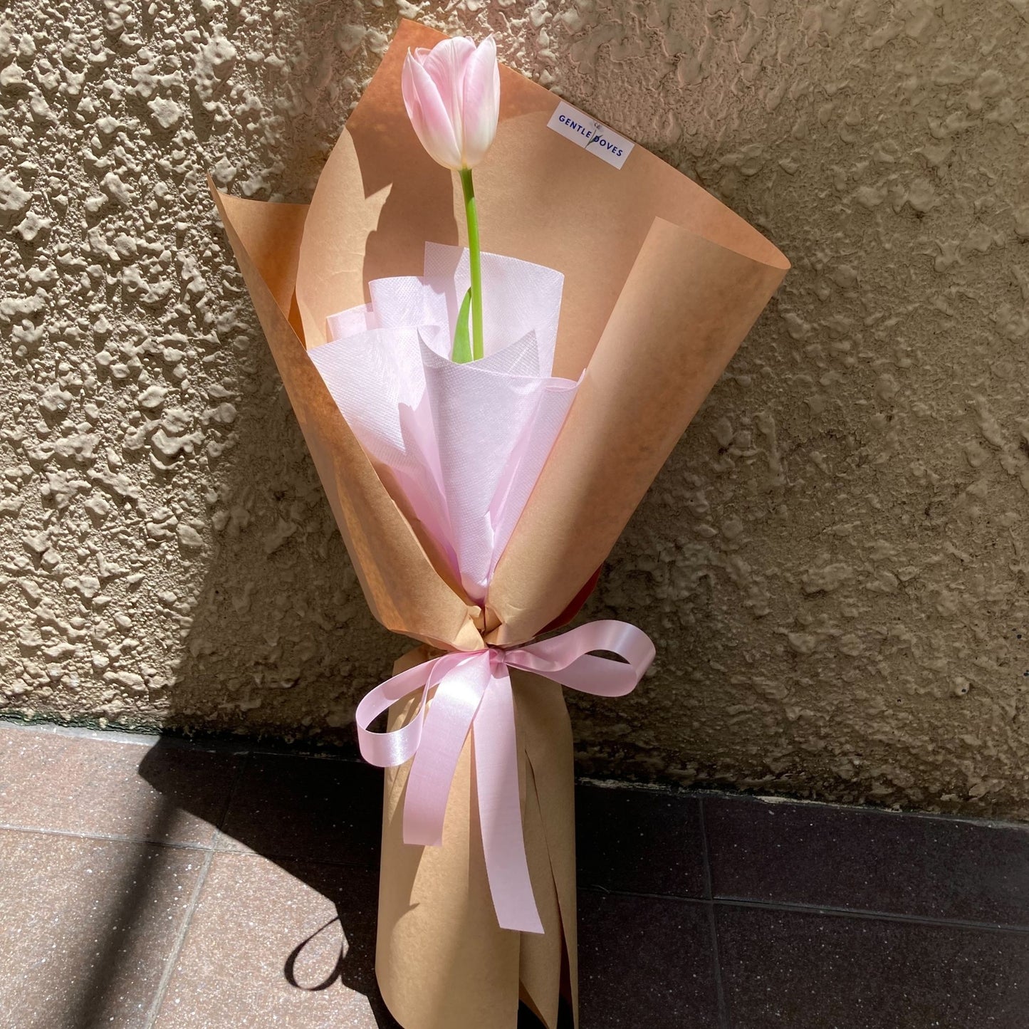 Single Soft Pink Tulip in Craft Paper Bouquet