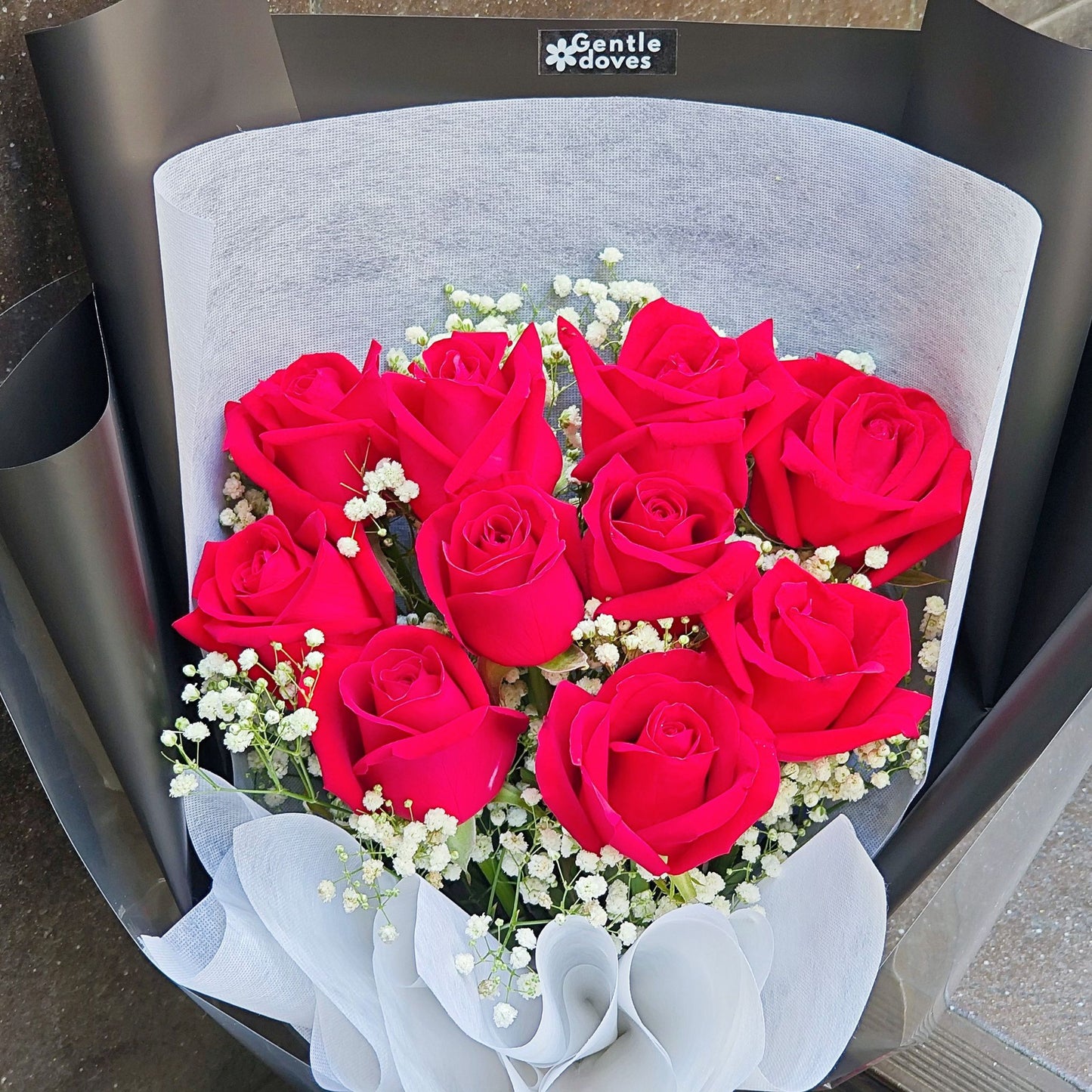 Ten Red Roses with Gypsophila Bouquet