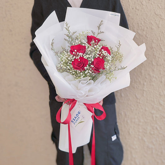 Five Imported Red Roses with White Filler Flowers Large Bouquet