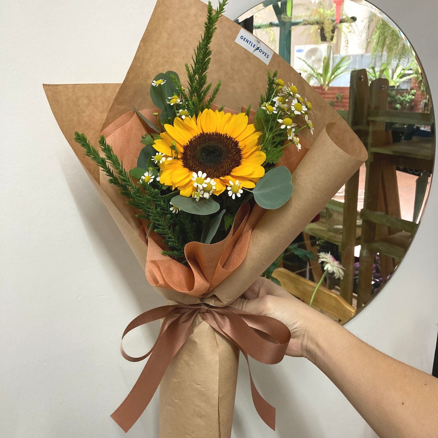 Single Sunflower with Daisies in Craft Paper Bouquet