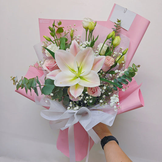 Single Stem Pink Lily with Assorted Pink and White Flowers and Green Foliage Bouquet