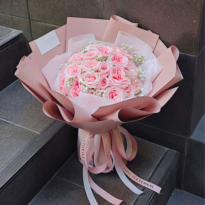 Twenty-Four Soft Pink English Roses with Gypsophila Bouquet