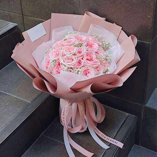 Twenty-Four Soft Pink English Roses with Gypsophila Bouquet