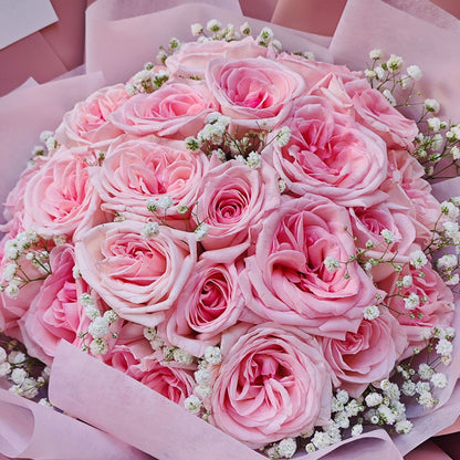 Twenty-Four Soft Pink English Roses with Gypsophila Bouquet