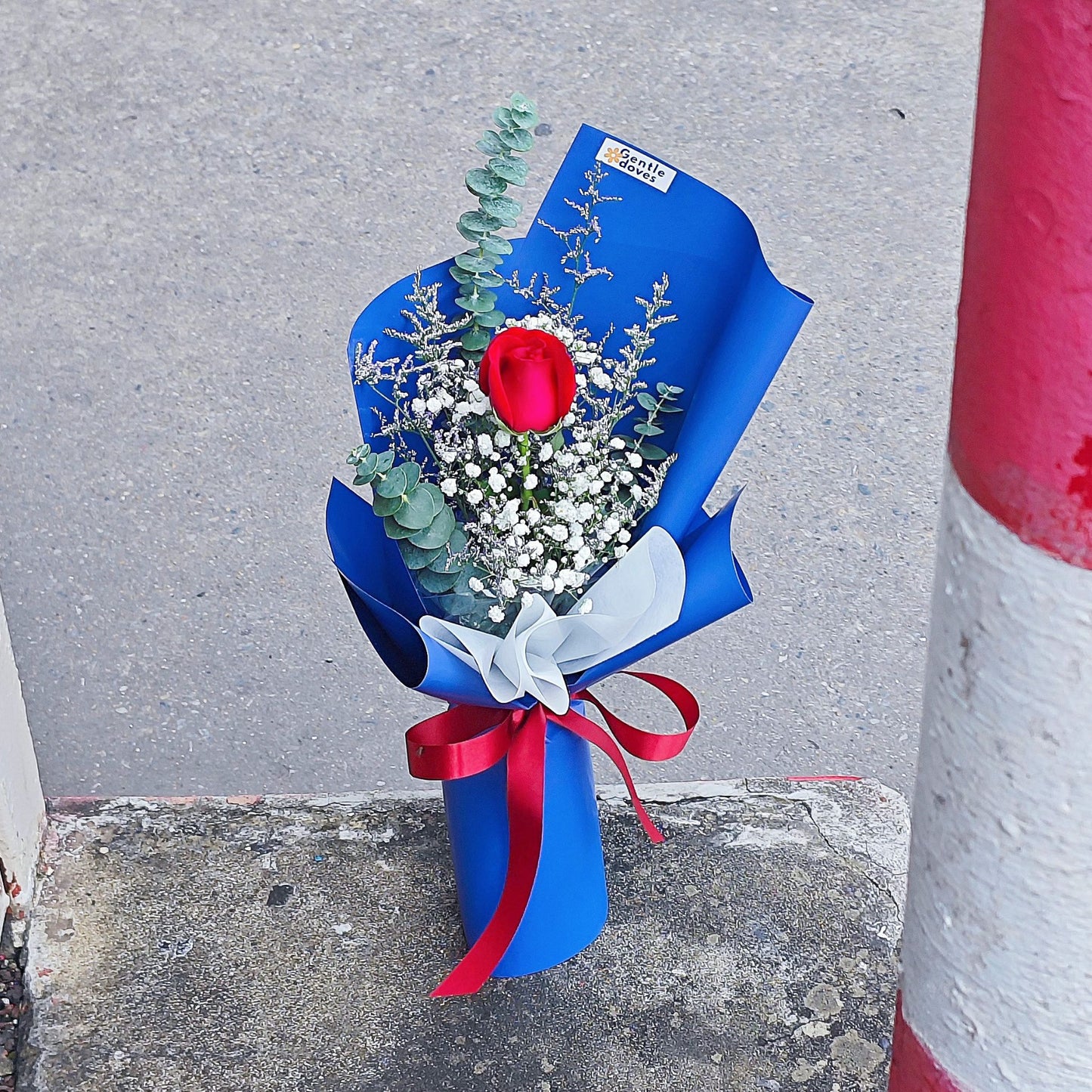 Single Red Rose with Foliage in Blue Paper Bouquet