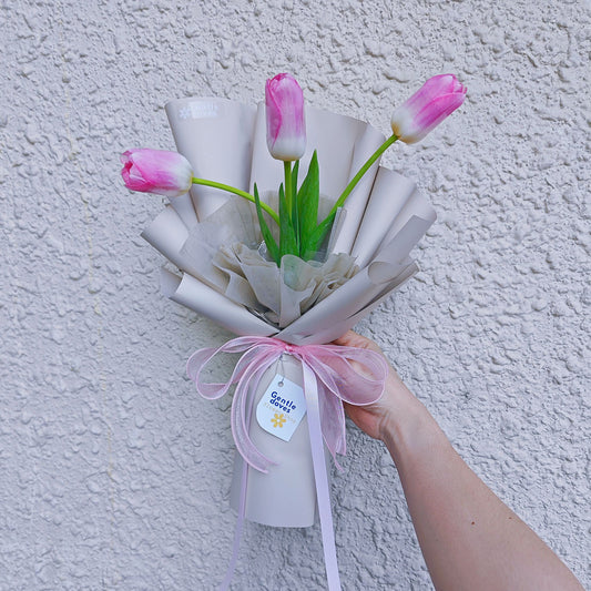 Three Soft Pink Tulips Korean Style Bouquet