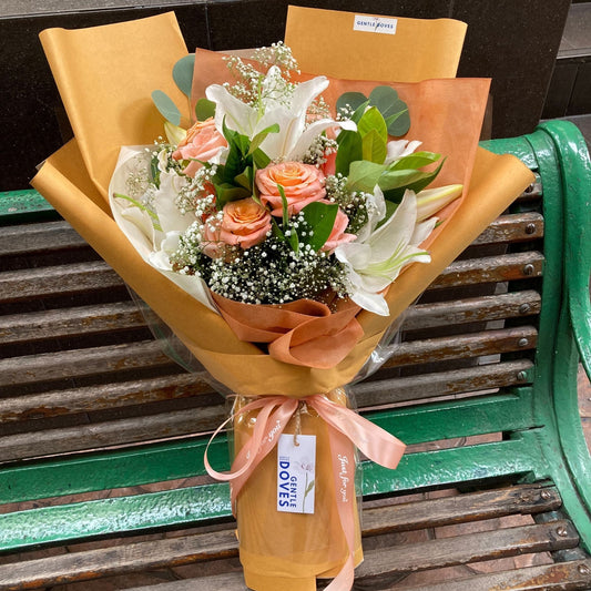 White Lilies and Peach Oldrose Roses Large Bouquet