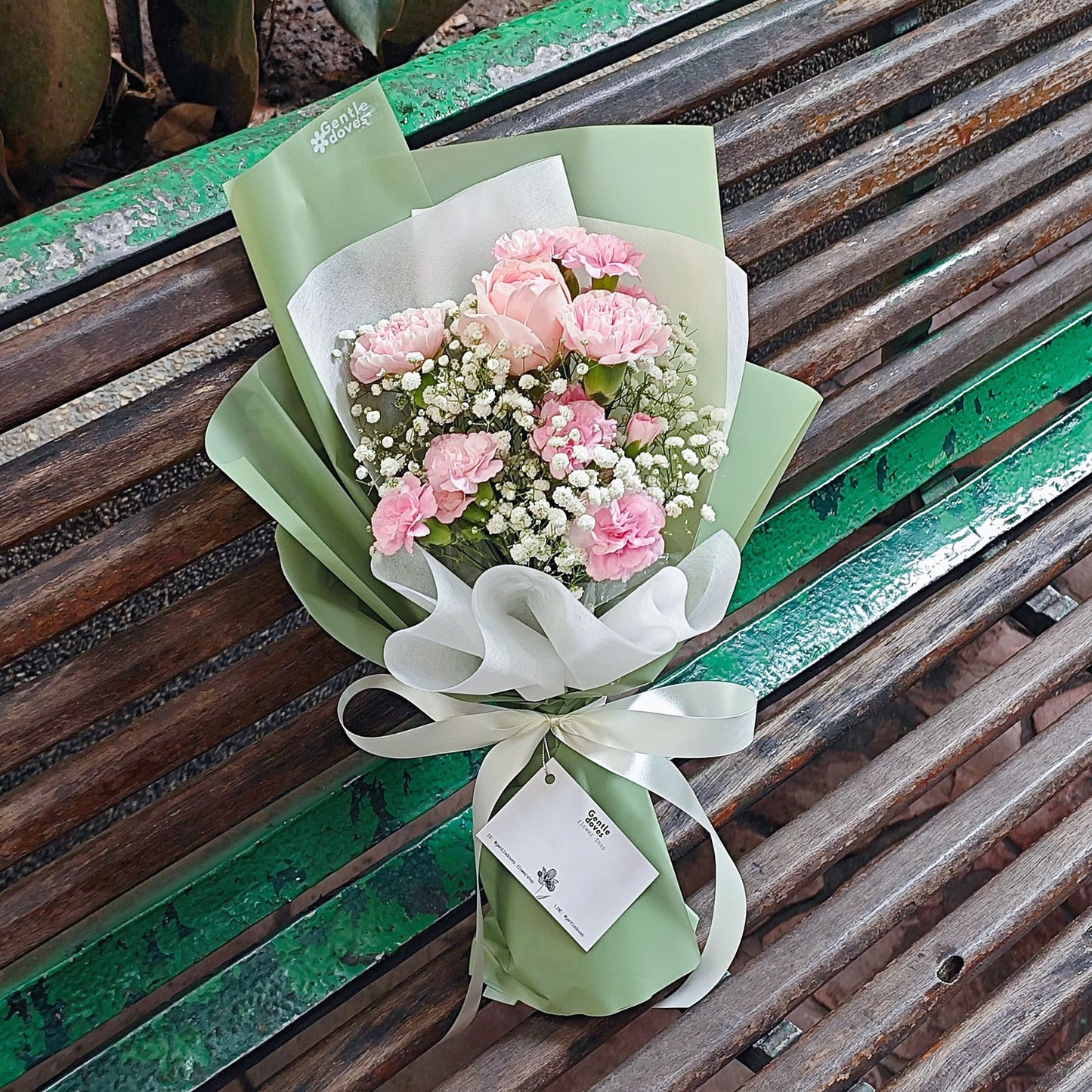 Single Soft Pink Rose with Soft Pink Carnations and Gypsophila Mini Bouquet